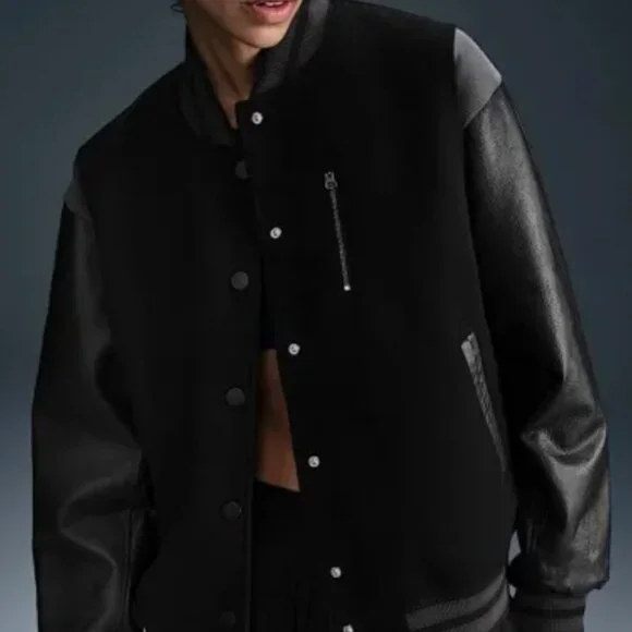 NWT New Nike Women's Destroyer Leather Bomber Jacket Coat Size Large L Black - Picture 3 of 6